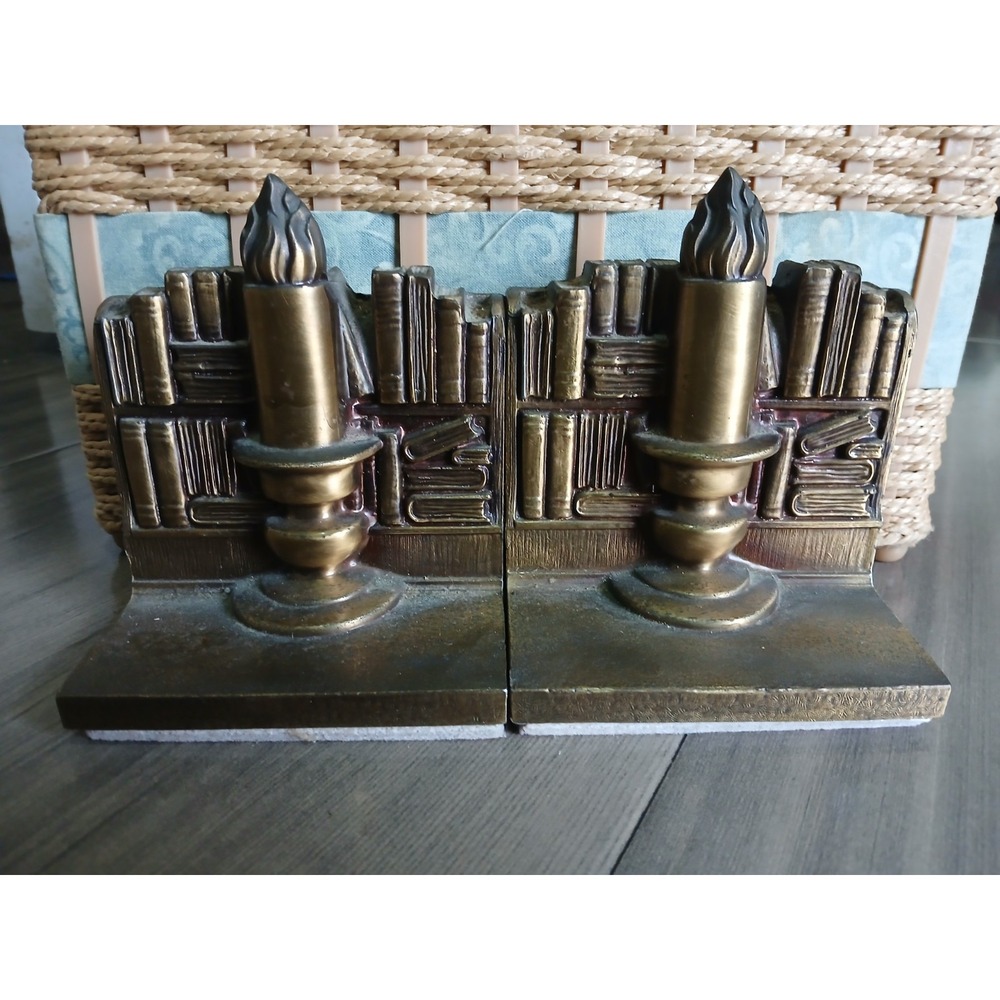 Vintage Brass Bronze Tone Candle and Library Books Metal Bookends Set of 2